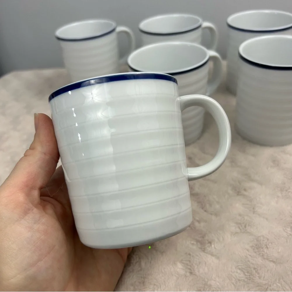 Crate & Barrel Roulette Blue Coffee Mug Set of 6 White Spal Porcelain Portugal